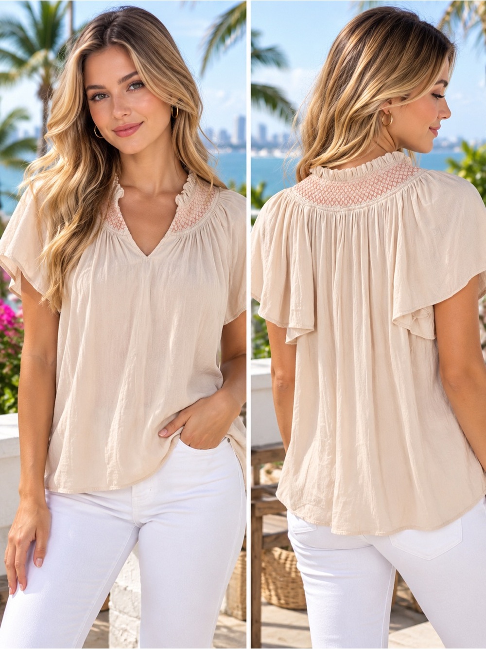 Rachel Zoe Soft Cream Smocked Yoke Flutter Sleeve Blouse